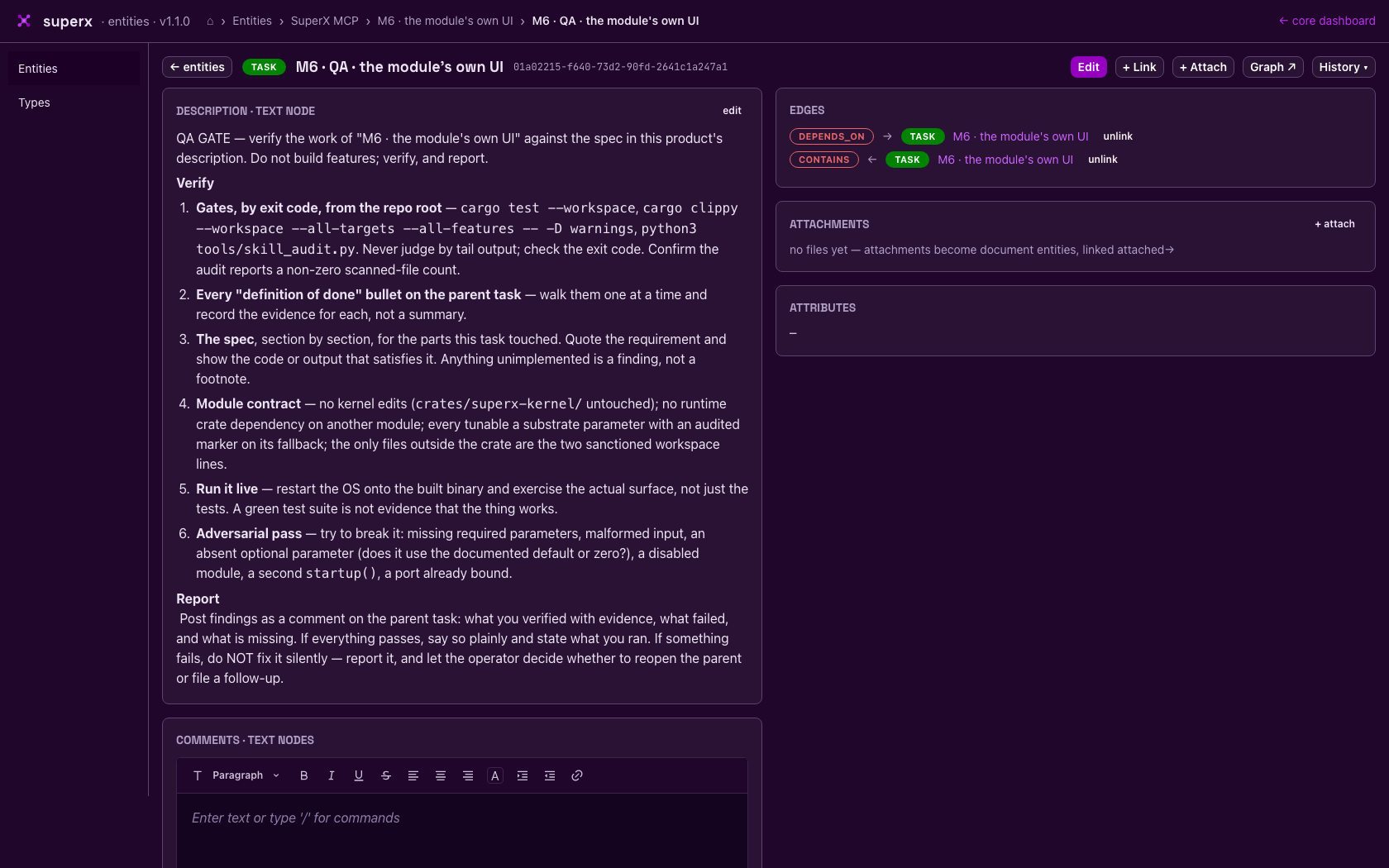 A SuperX entity detail page: breadcrumb ancestor path in the header, a task with its description rendered as markdown, its edges, attachments and attributes